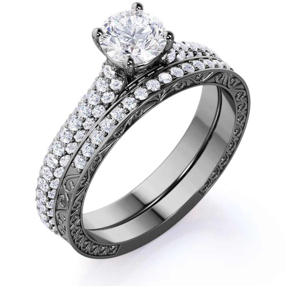 10K Black Gold Vintage Gothic Wedding Ring Set S201024