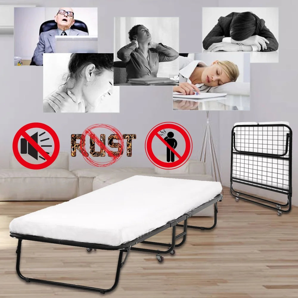 Folding Bed Frame with Wheel, Rollaway Bed with Mattress, Foldable Twin Bed with Memory Foam Mattress Z3223