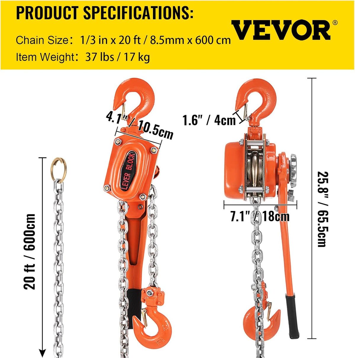 1.5Ton 3300lbs Capacity Ratchet Puller with 20FT Lifting Height, 2 Heavy Duty Steel Hooks B1940