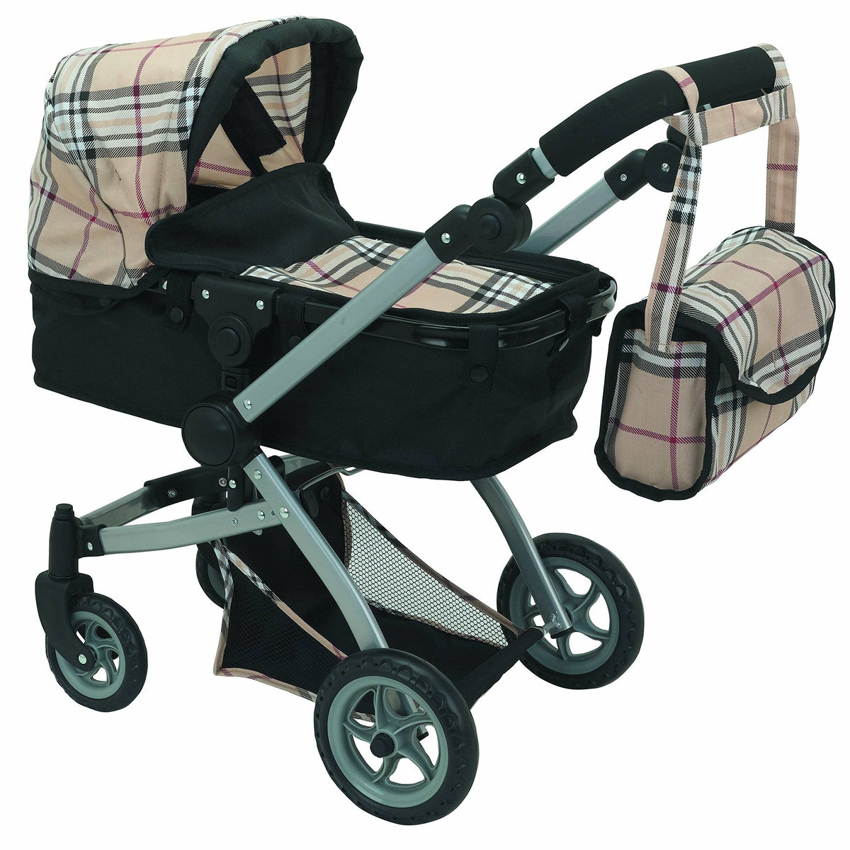 Beige Plaid Doll Pram with Swiveling Wheels and Adjustable Handle A6850