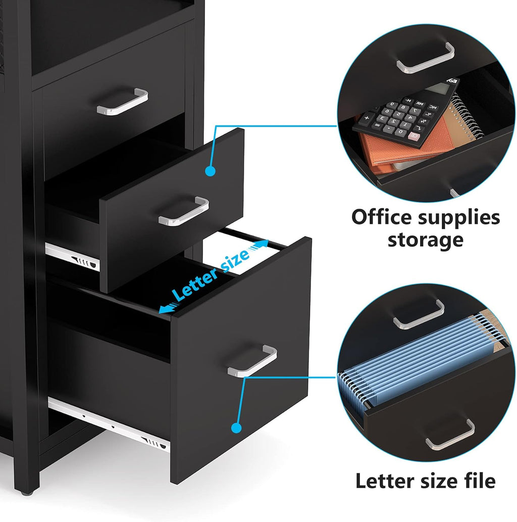 Black 3 Drawer Vertical File Cabinet with Metal Wire Storage Shelves X48241