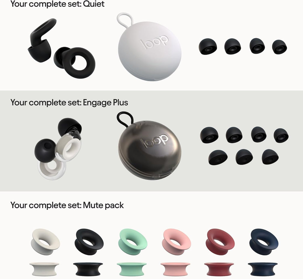 Loop Earplugs Daily Control Plus Bundle (2-Pack) + Mute – Loop Quiet (Black) + Loop Engage Plus (Crystal) + Loop Mute | Reusable Ear Plugs H18346