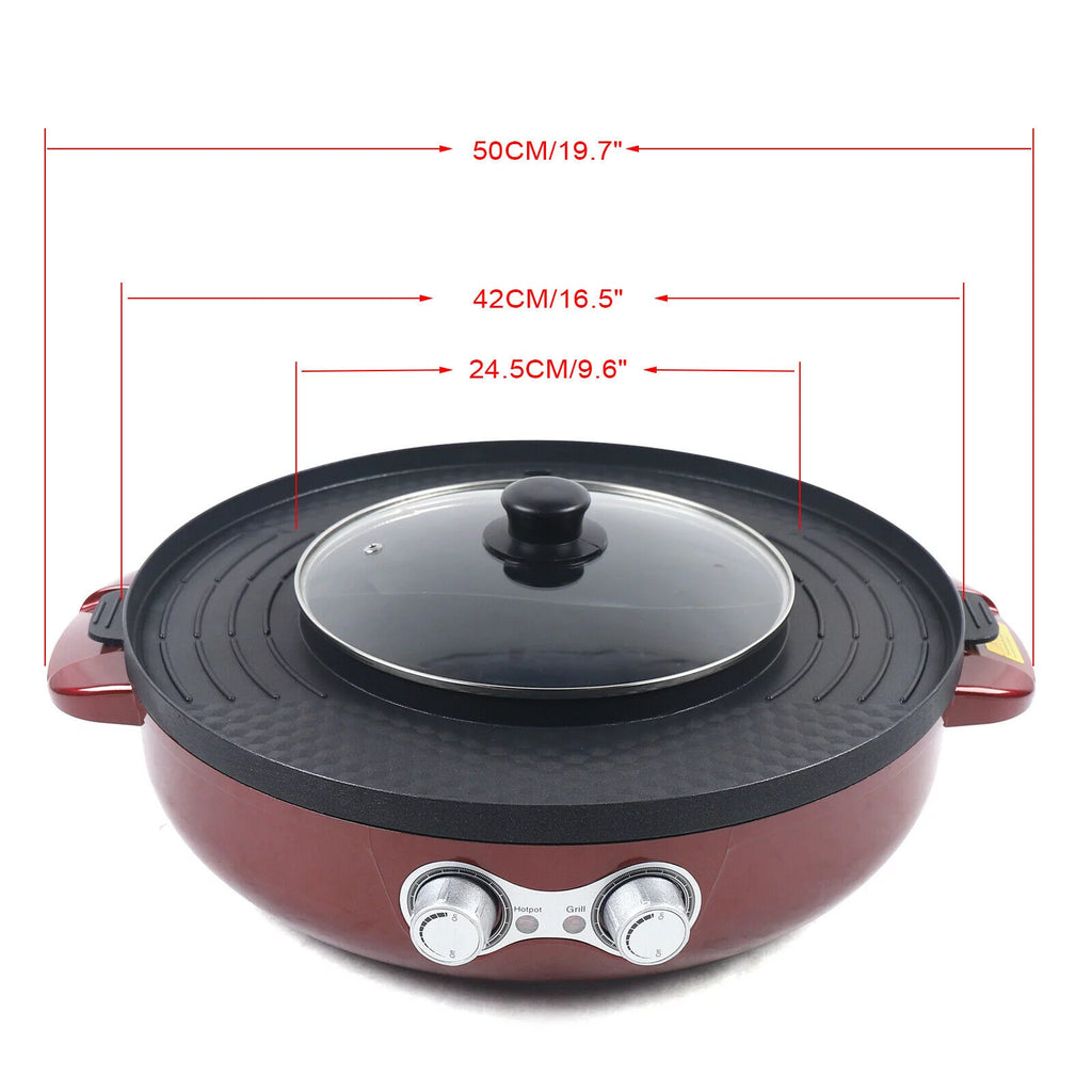 2 in 1 Electric Soup Shabu Pot Smokeless Grill Hot Pot 2200W Red N565956