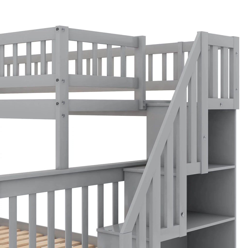 Gray Wood Twin over Full Bunk Bed with Stairs and Storage Shelf D97504