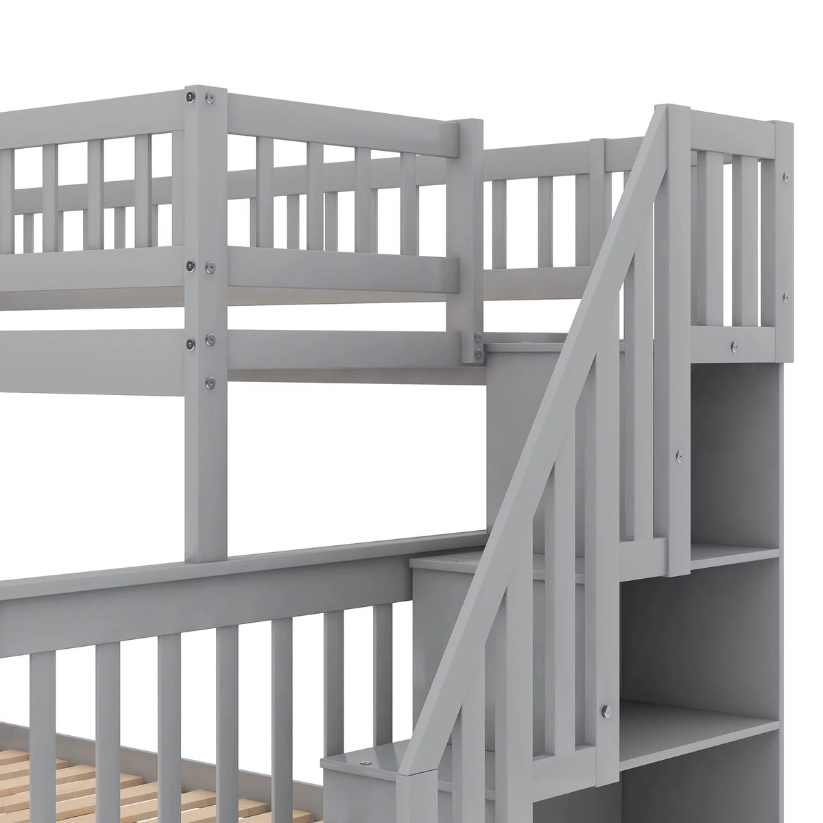 Gray Wood Twin over Full Bunk Bed with Stairs and Storage Shelf D97504