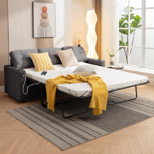 Beige Queen Pull Out Sofa Bed with Memory Foam Mattress X245