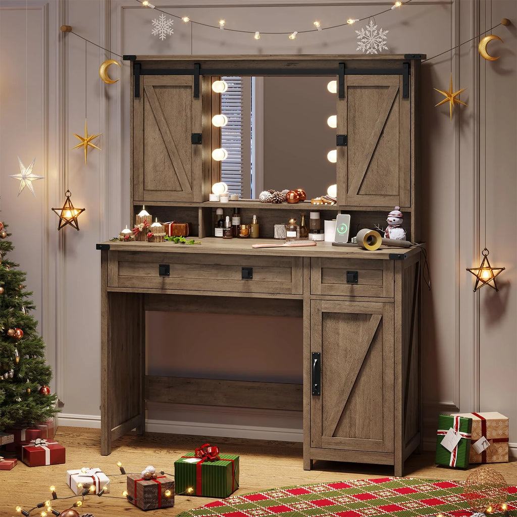 Brown Vanity Table with Charging Station and Lights Mirror Y9911
