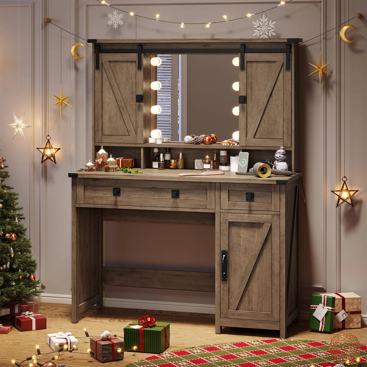 Brown Vanity Table with Charging Station and Lights Mirror Y9911