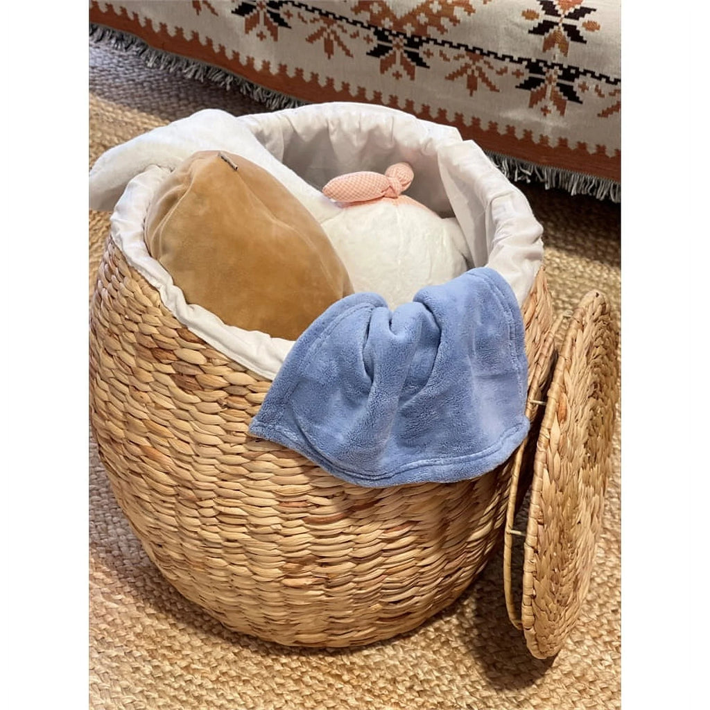 Beige Wicker Rattan Storage Ottoman Basket with Lid N332494