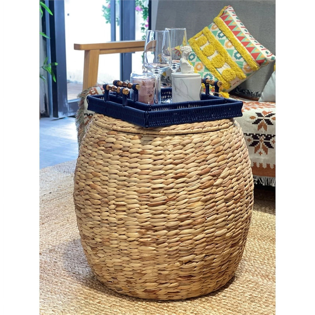 Beige Wicker Rattan Storage Ottoman Basket with Lid N332494