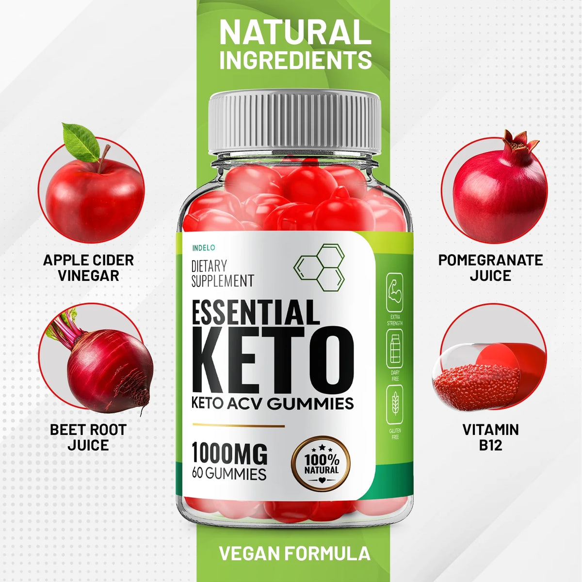 Keto ACV Gummies 1000MG with Folic Acid Beet Root 60 Gummies E879967
