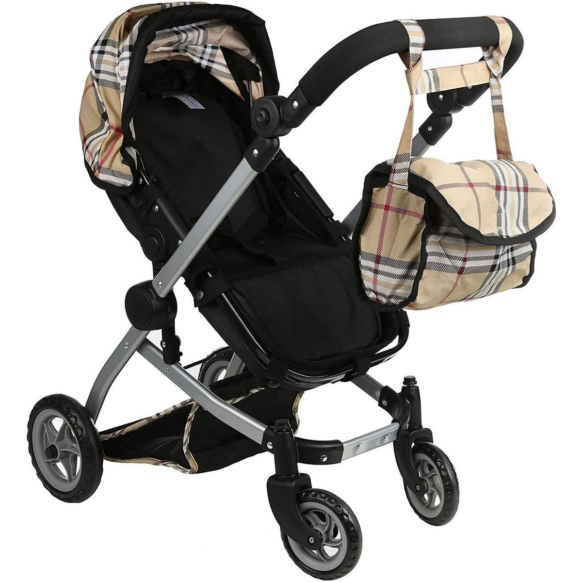 Beige Plaid Doll Pram with Swiveling Wheels and Adjustable Handle A6850