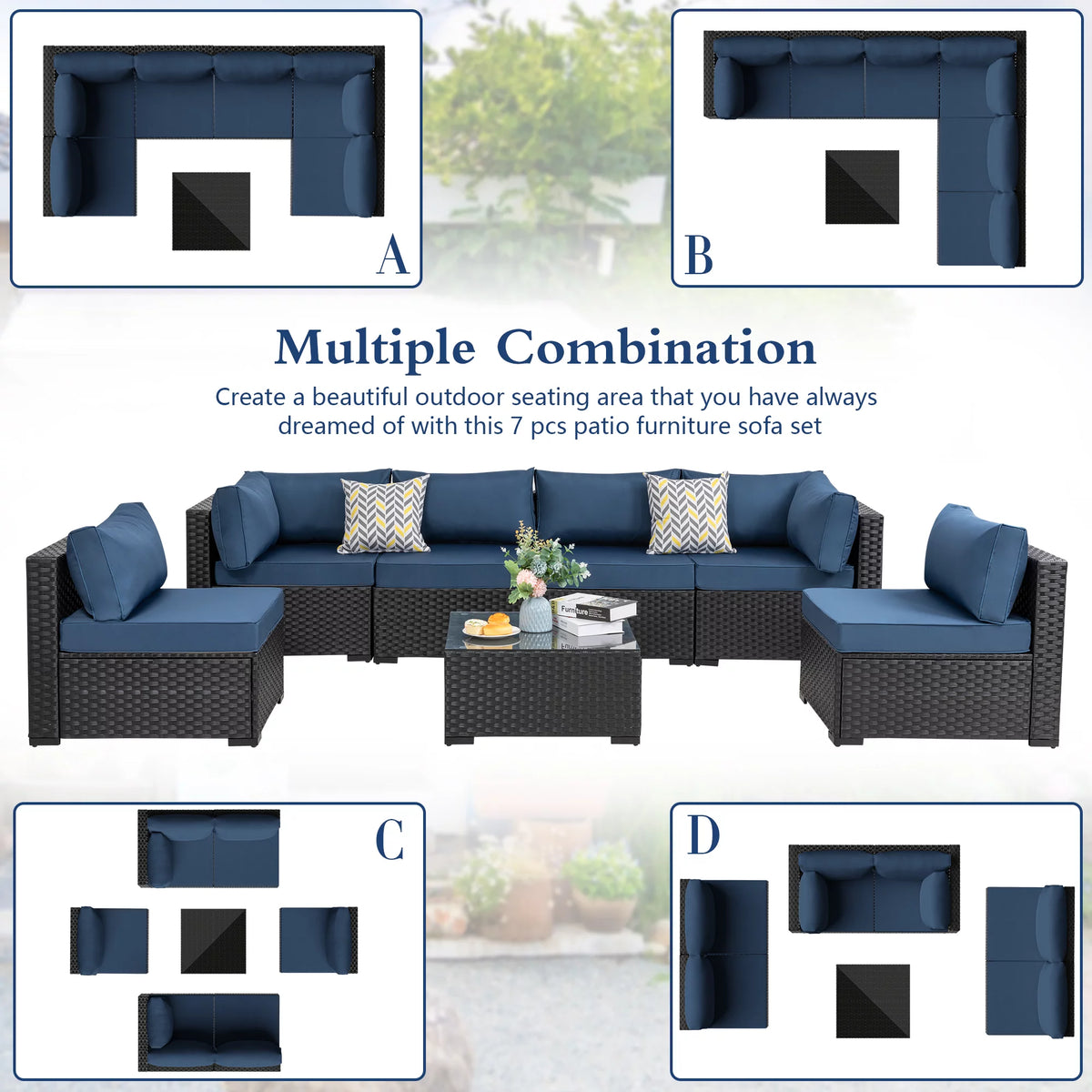 7 Pieces All-Weather Rattan Sectional Sofa with Tea Table Aegean Blue A33002