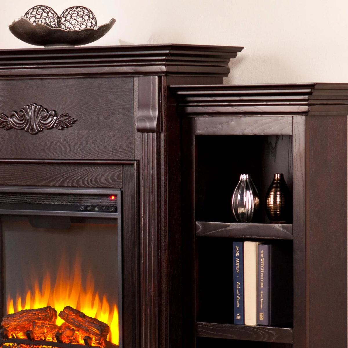 Black Wood Electric Fireplace with Bookcases L113