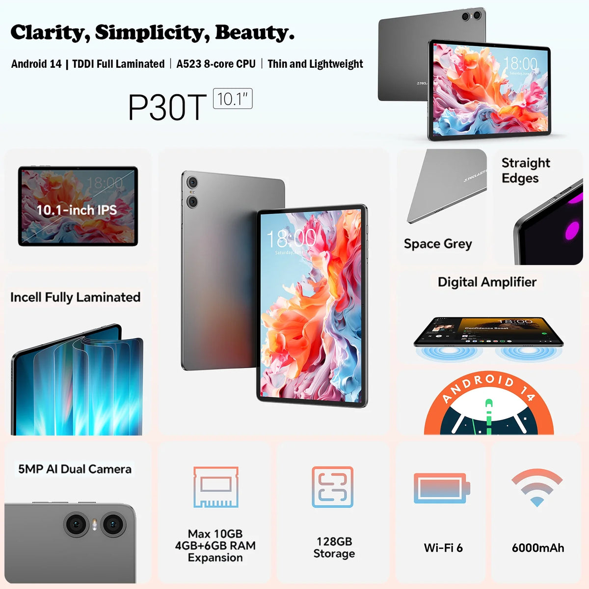10 inch Android 14 Tablet 10GB RAM 128GB ROM Octa Core HD Bluetooth 5.4 Dual Camera L798618