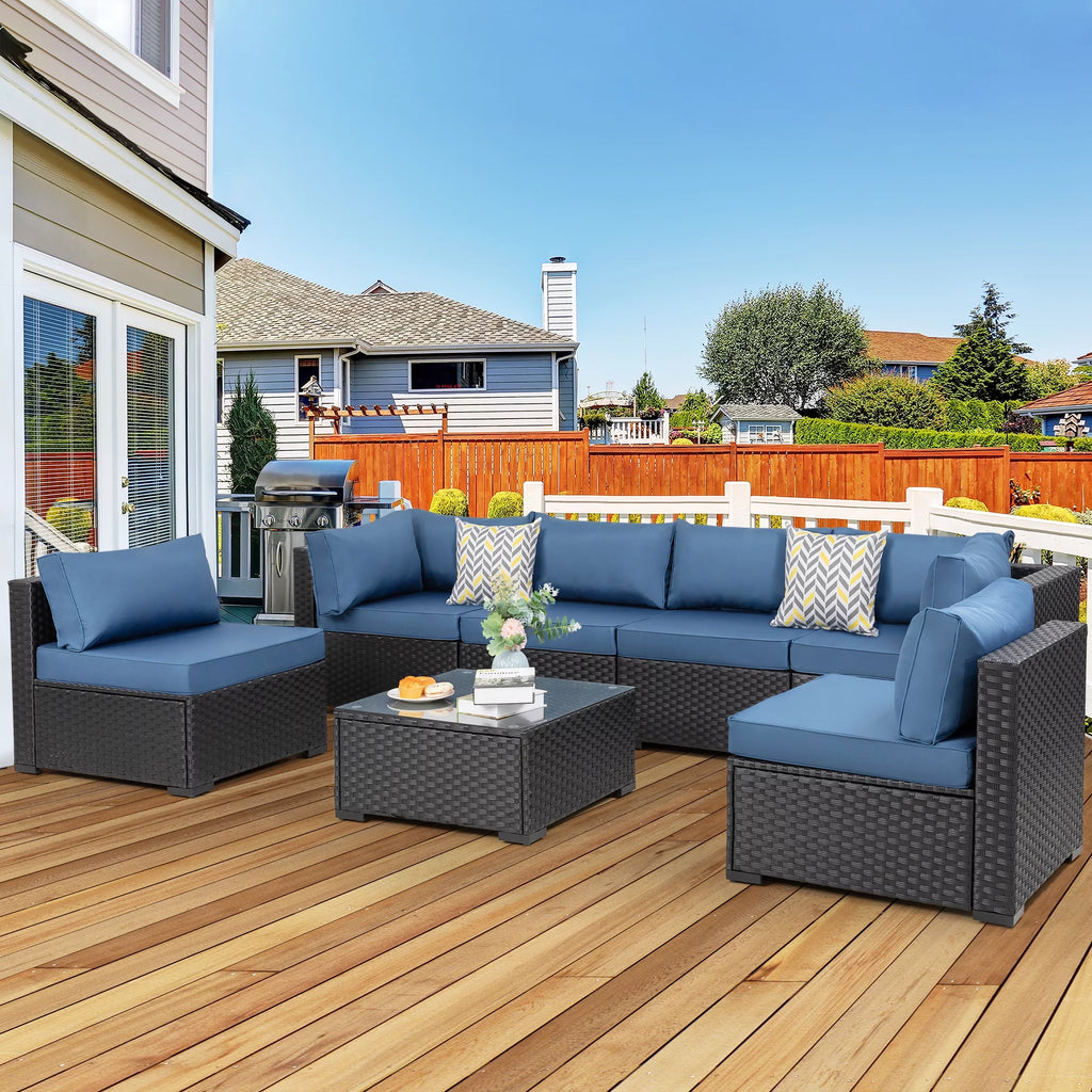 7 Pieces All-Weather Rattan Sectional Sofa with Tea Table Aegean Blue A33002