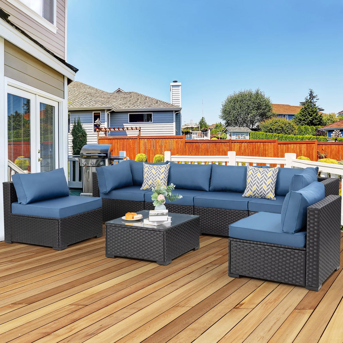 7 Pieces All-Weather Rattan Sectional Sofa with Tea Table Aegean Blue A33002