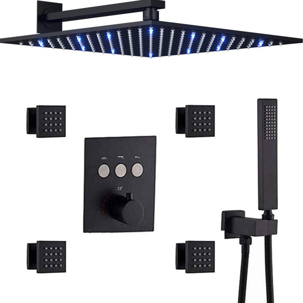 12 Inch Matte Black Thermostatic Rain Shower System H62464