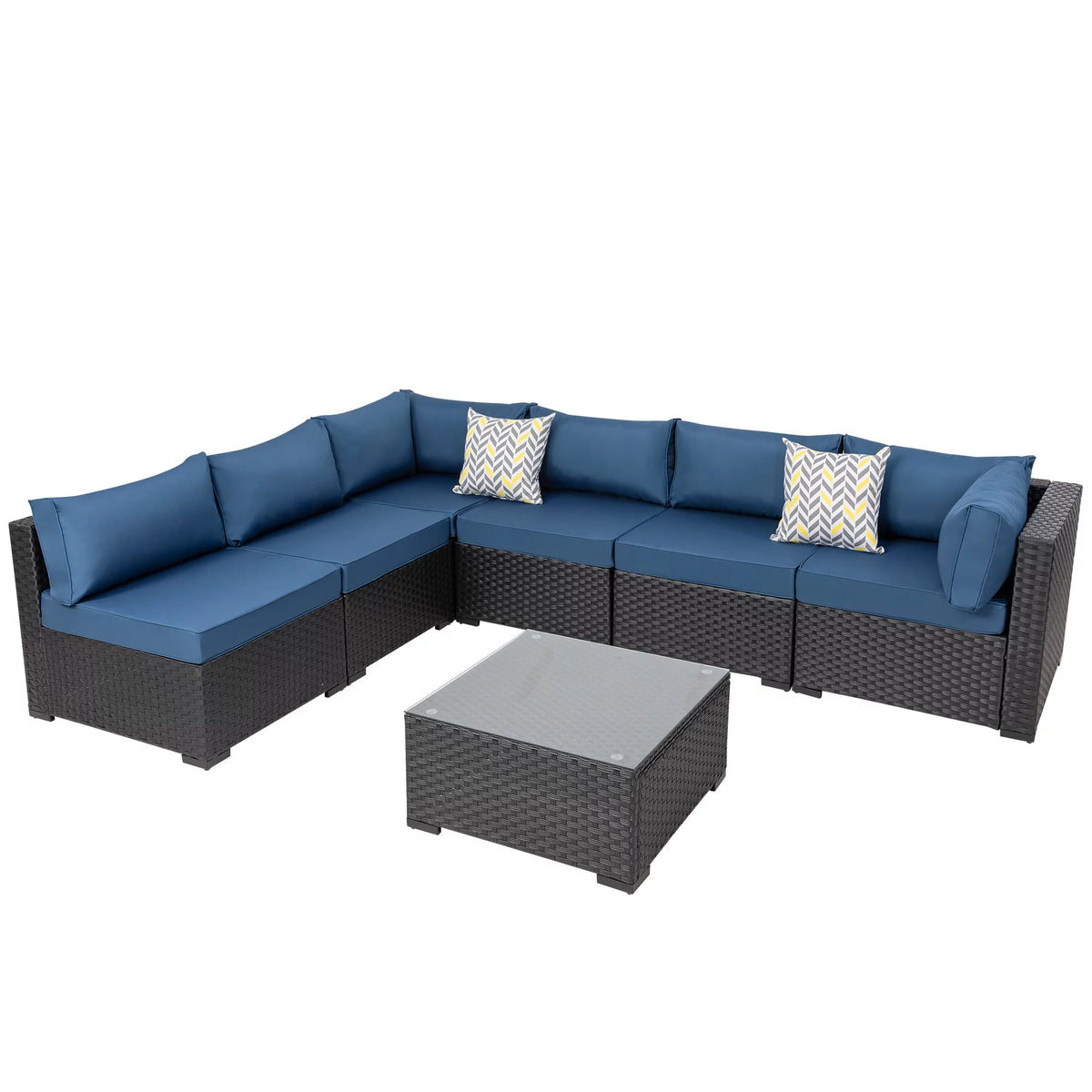 7 Pieces All-Weather Rattan Sectional Sofa with Tea Table Aegean Blue A33002