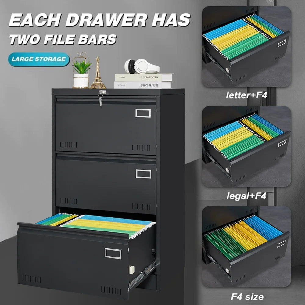 Black Locking Metal 3 Drawer Filing Cabinet O3855