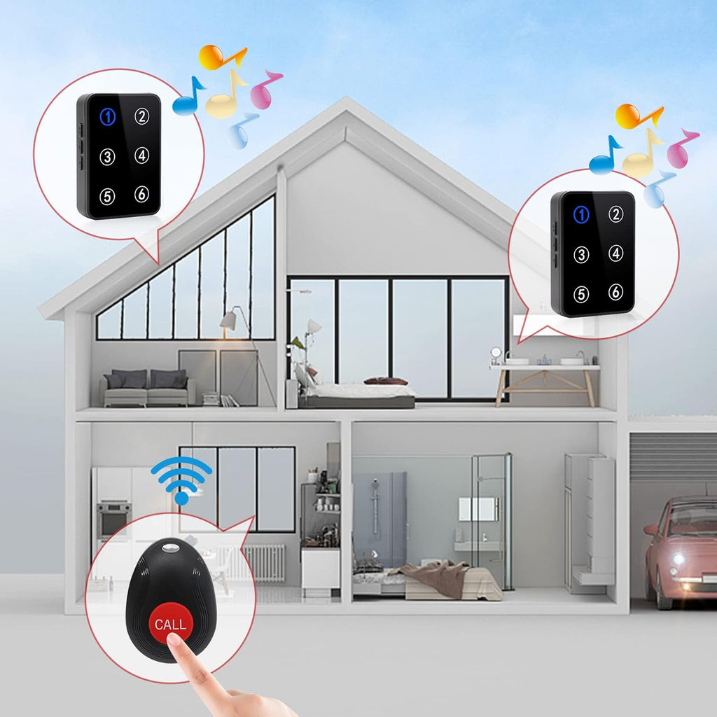 Wireless Caregiver Pager System with 2 Number Display Plug-in Receiver 6 Waterproof Transmitters F296406