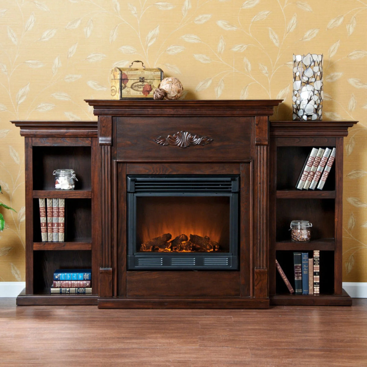 Black Wood Electric Fireplace with Bookcases L113
