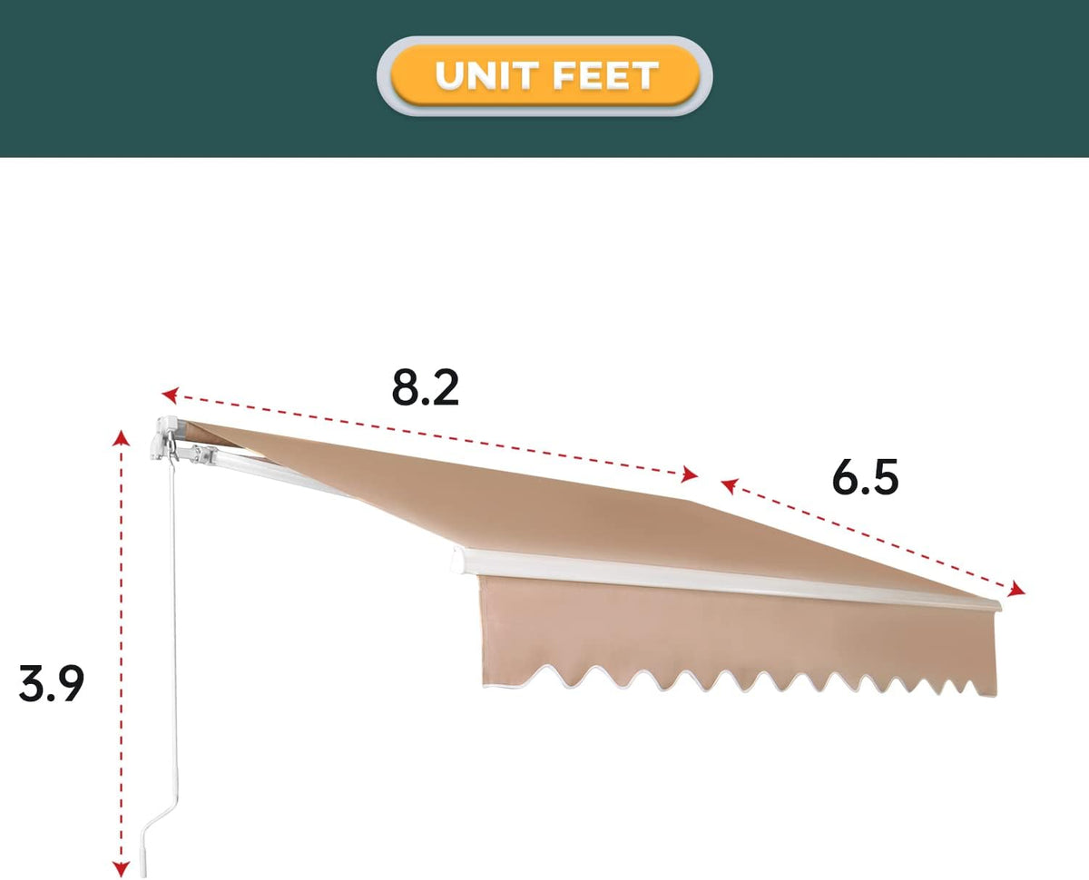 Retractable Patio Awning with Crank Handle UV Water-Resistant Fabric Tan 6.5’x8.2’ R7709