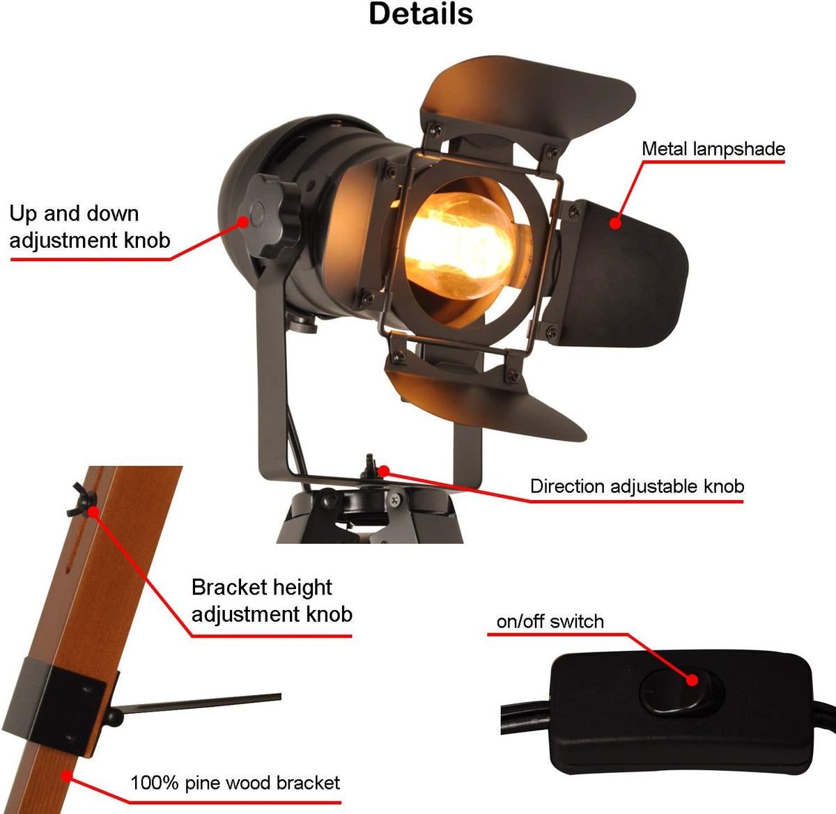 Industrial Tripod Floor Table Lamp Vintage Wood Searchlight Standing Lighting F114738