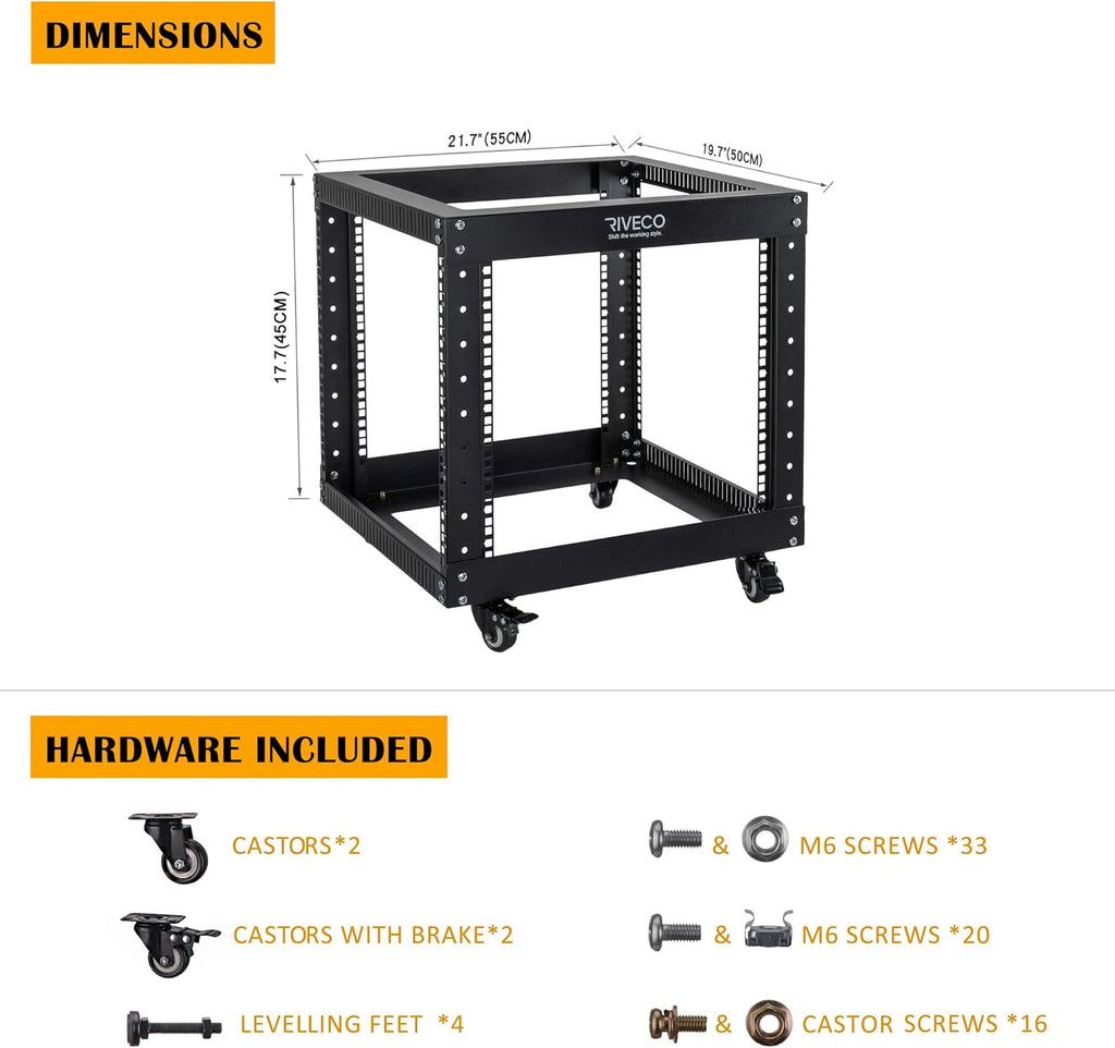 9U Open Frame Server Rack with Casters Black R4134