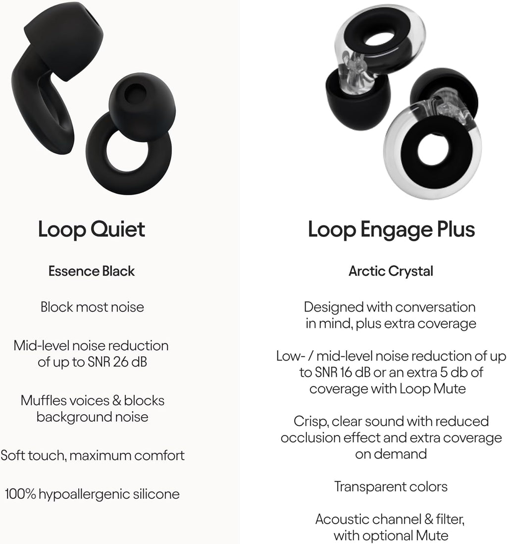 Loop Earplugs Daily Control Plus Bundle (2-Pack) + Mute – Loop Quiet (Black) + Loop Engage Plus (Crystal) + Loop Mute | Reusable Ear Plugs H18346