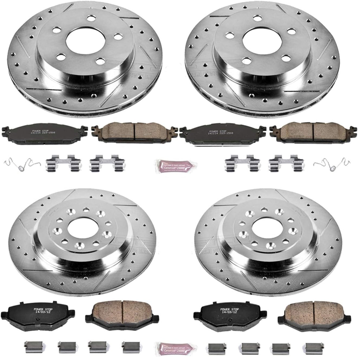 Front and Rear Carbon Fiber Brake Pads with Drilled & Slotted Brake Rotors Kit W48076