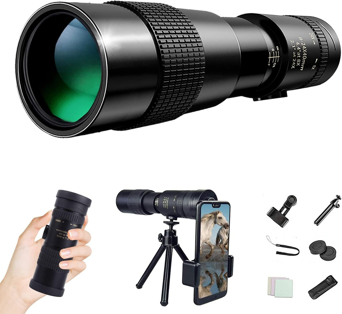 4k 10-300x40mm Super Telephoto Zoom Monocular Telescope with Phone Adapter Tripod J35510