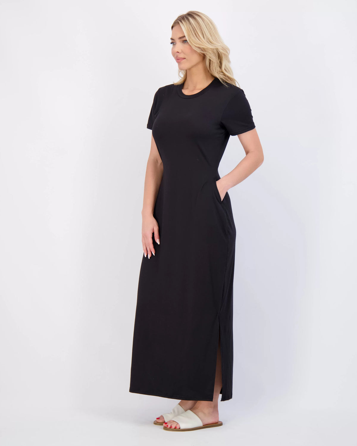 Women’s Casual Short Sleeve Maxi Dress with Slit & Pockets V247702