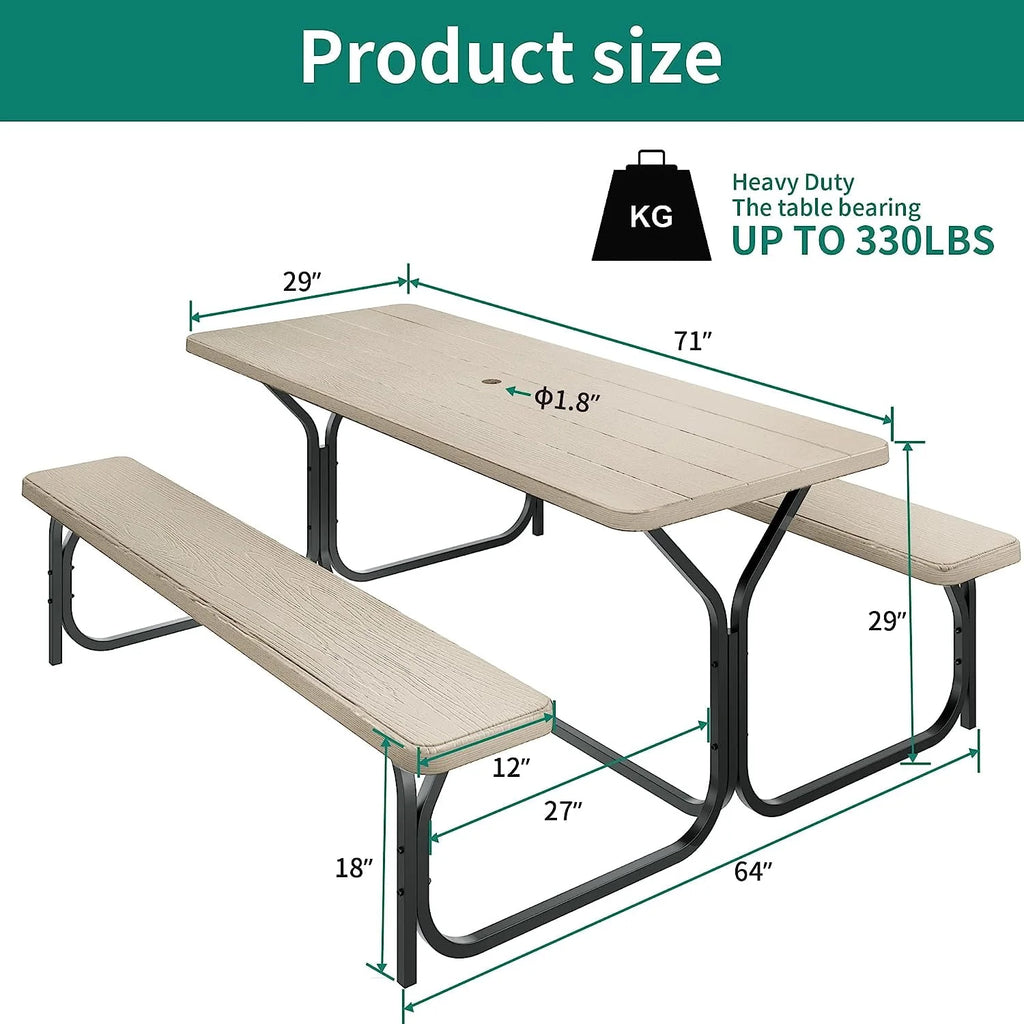 6 ft Black Picnic Table Bench Set with Umbrella Hole K599