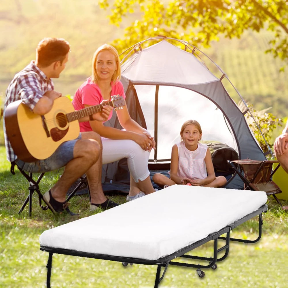 Folding Bed Frame with Wheel, Rollaway Bed with Mattress, Foldable Twin Bed with Memory Foam Mattress Z3223