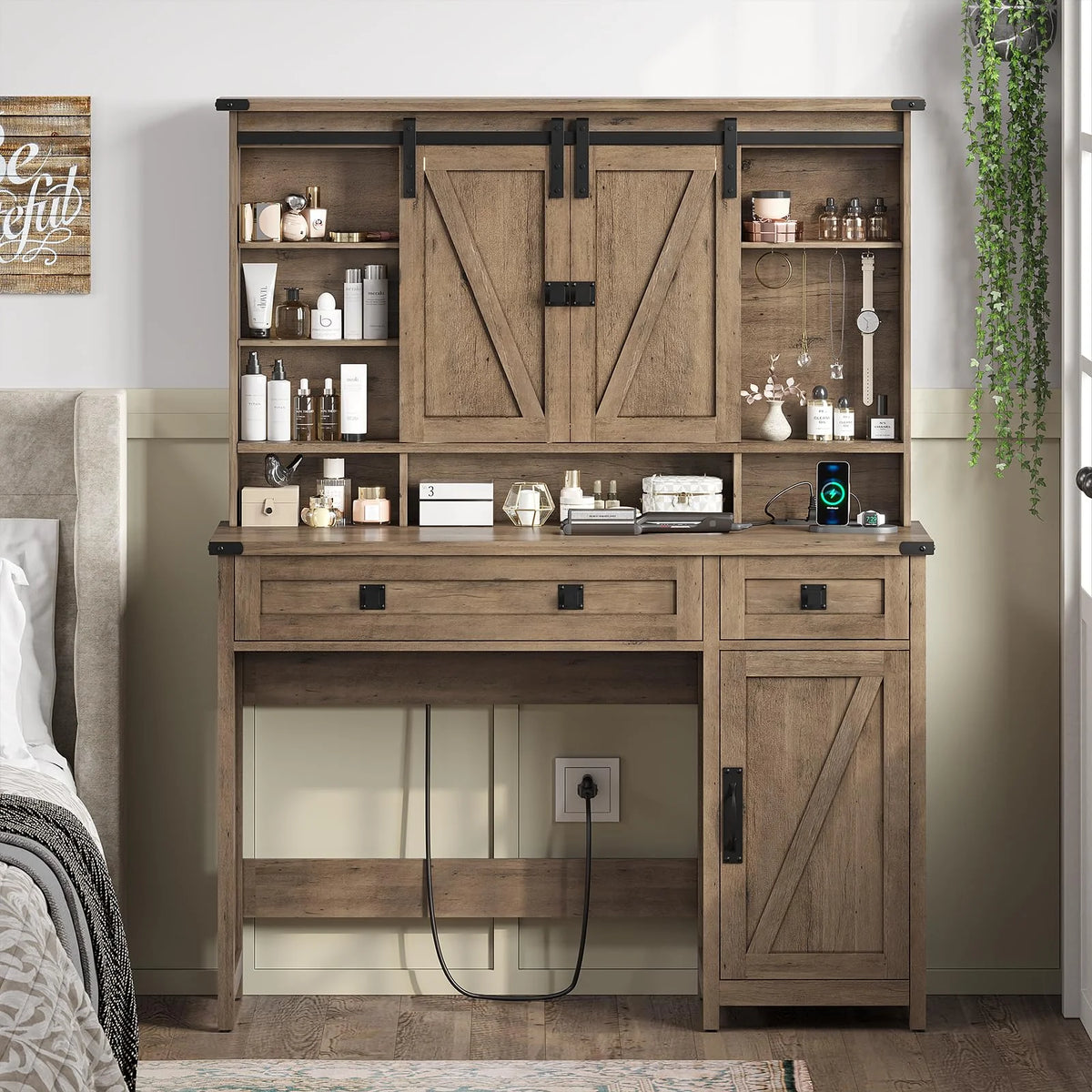 Brown Vanity Table with Charging Station and Lights Mirror Y9911