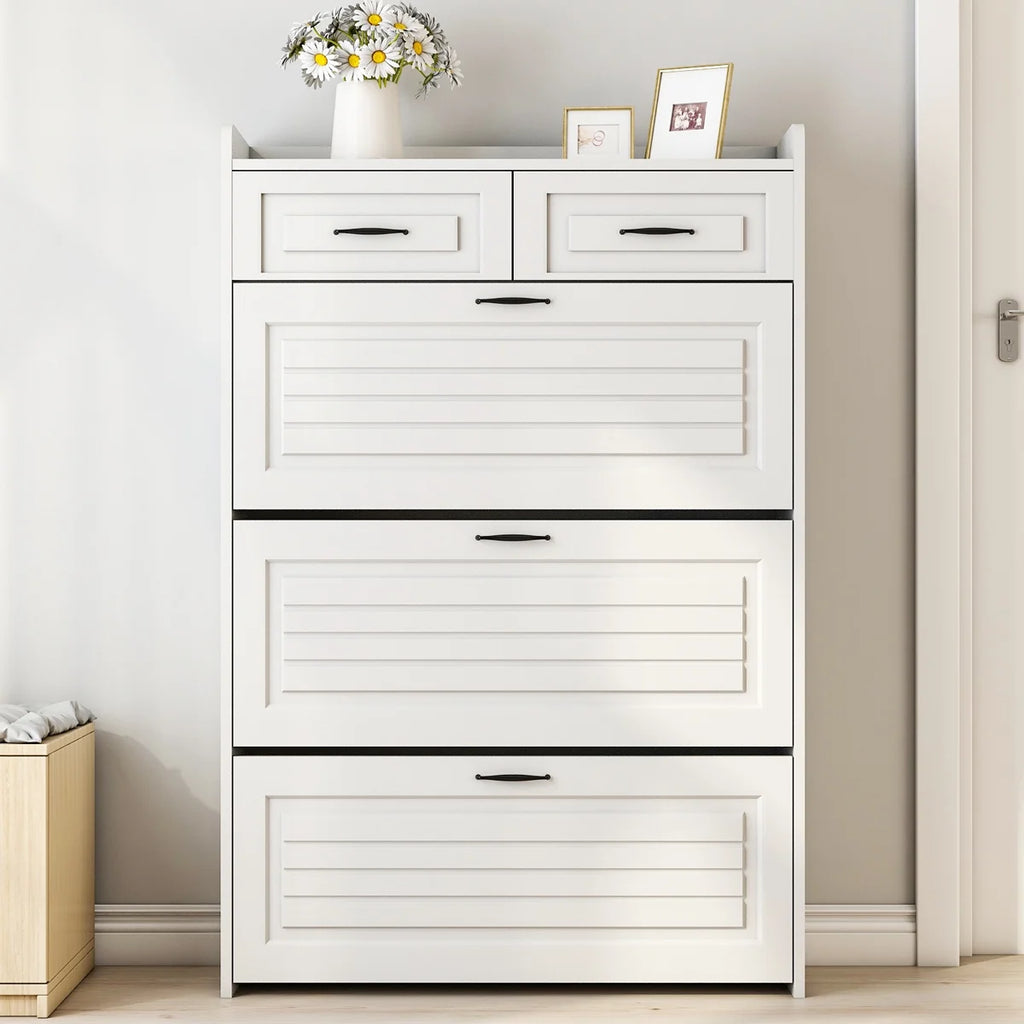 White Narrow 3 Door 2 Drawer Shoe Storage Cabinet I589024