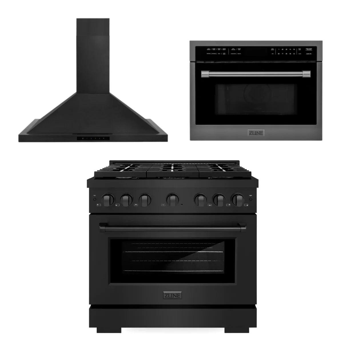 36 In. Gas Range, Range Hood, Microwave Oven in Black Stainless Steel E125888