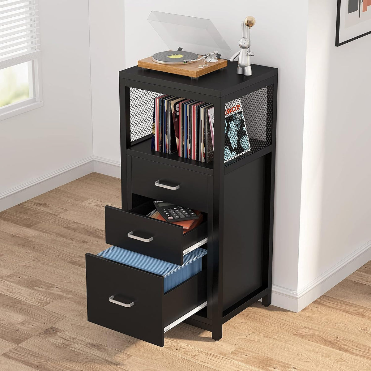 Black 3 Drawer Vertical File Cabinet with Metal Wire Storage Shelves X48241