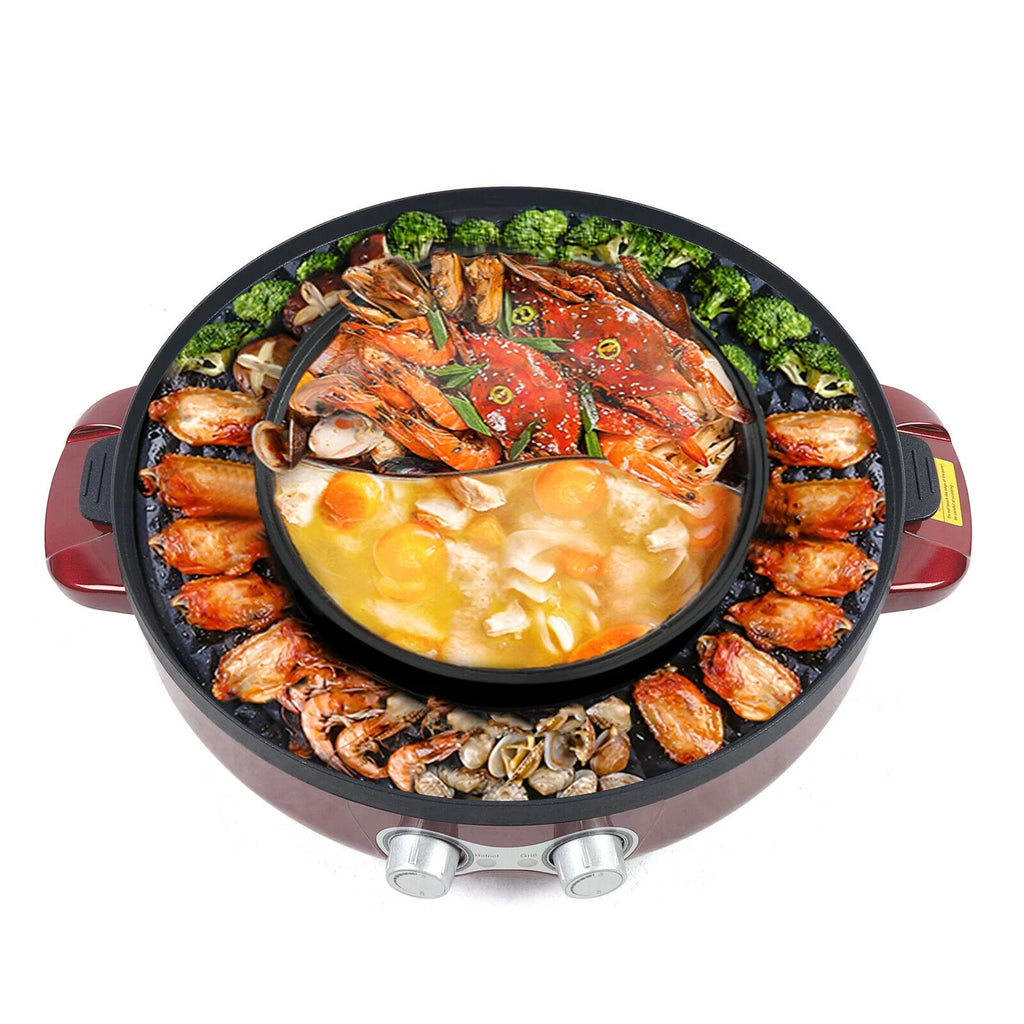 2 in 1 Electric Soup Shabu Pot Smokeless Grill Hot Pot 2200W Red N565956