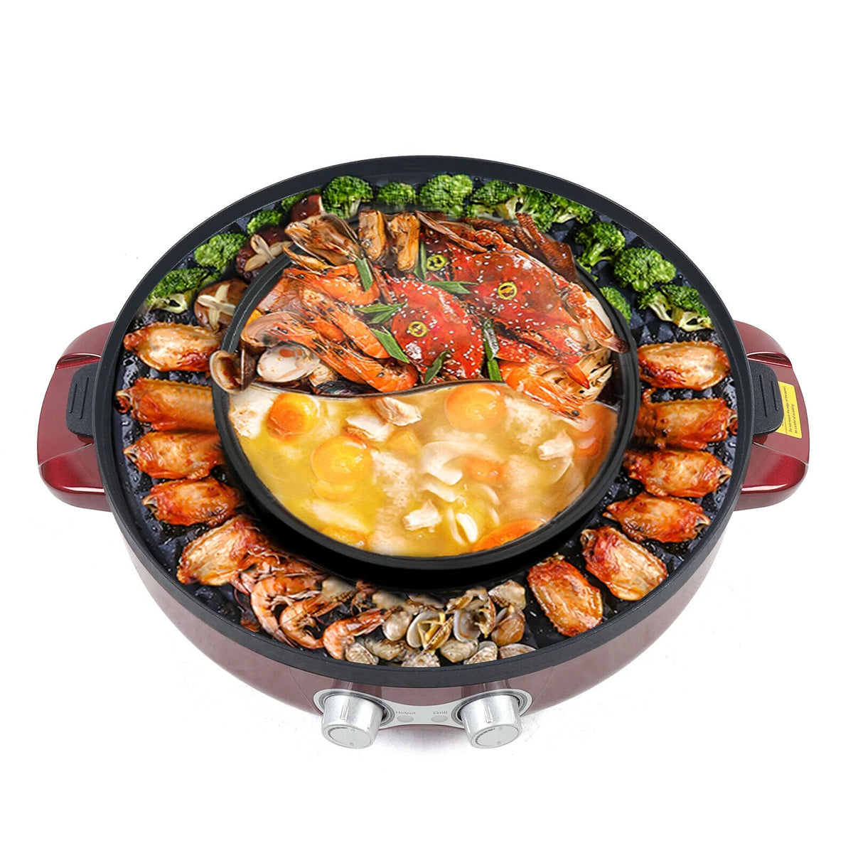 2 in 1 Electric Soup Shabu Pot Smokeless Grill Hot Pot 2200W Red N565956