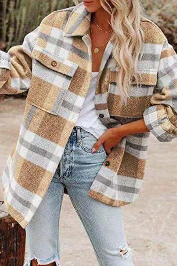Plaid Pocket Buckle Turndown Collar Outerwear P282