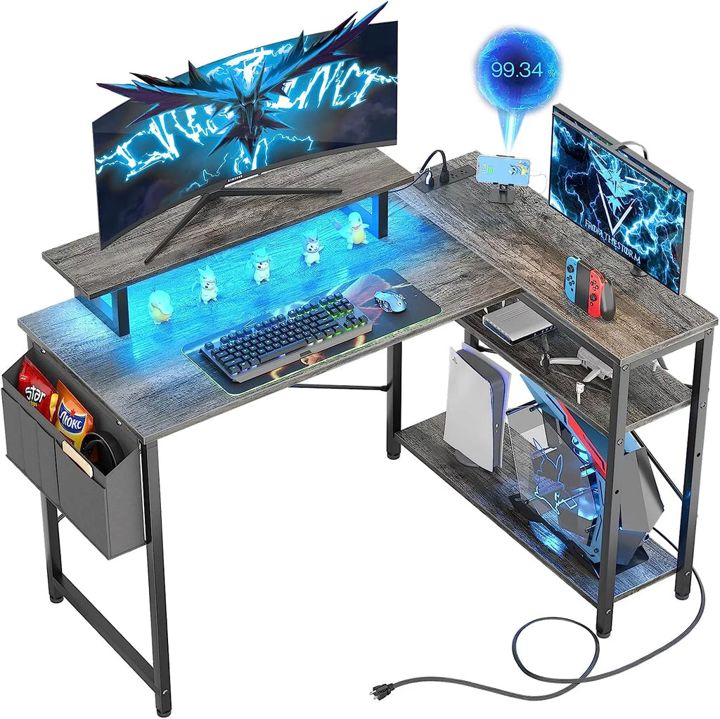 Black Oak L Shaped Desk with Power Outlet and USB Ports D60326