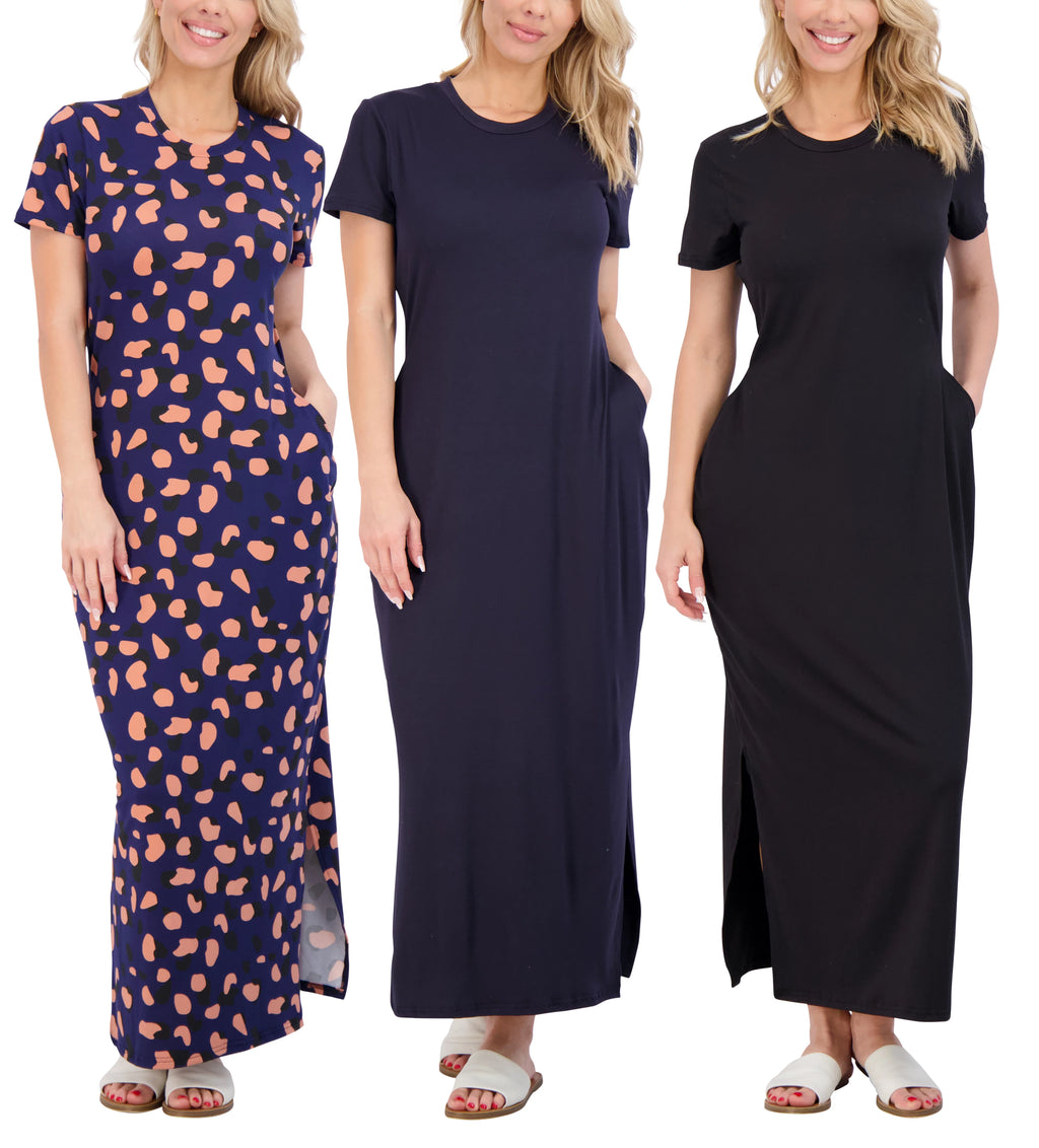 Women’s Casual Short Sleeve Maxi Dress with Slit & Pockets V247702