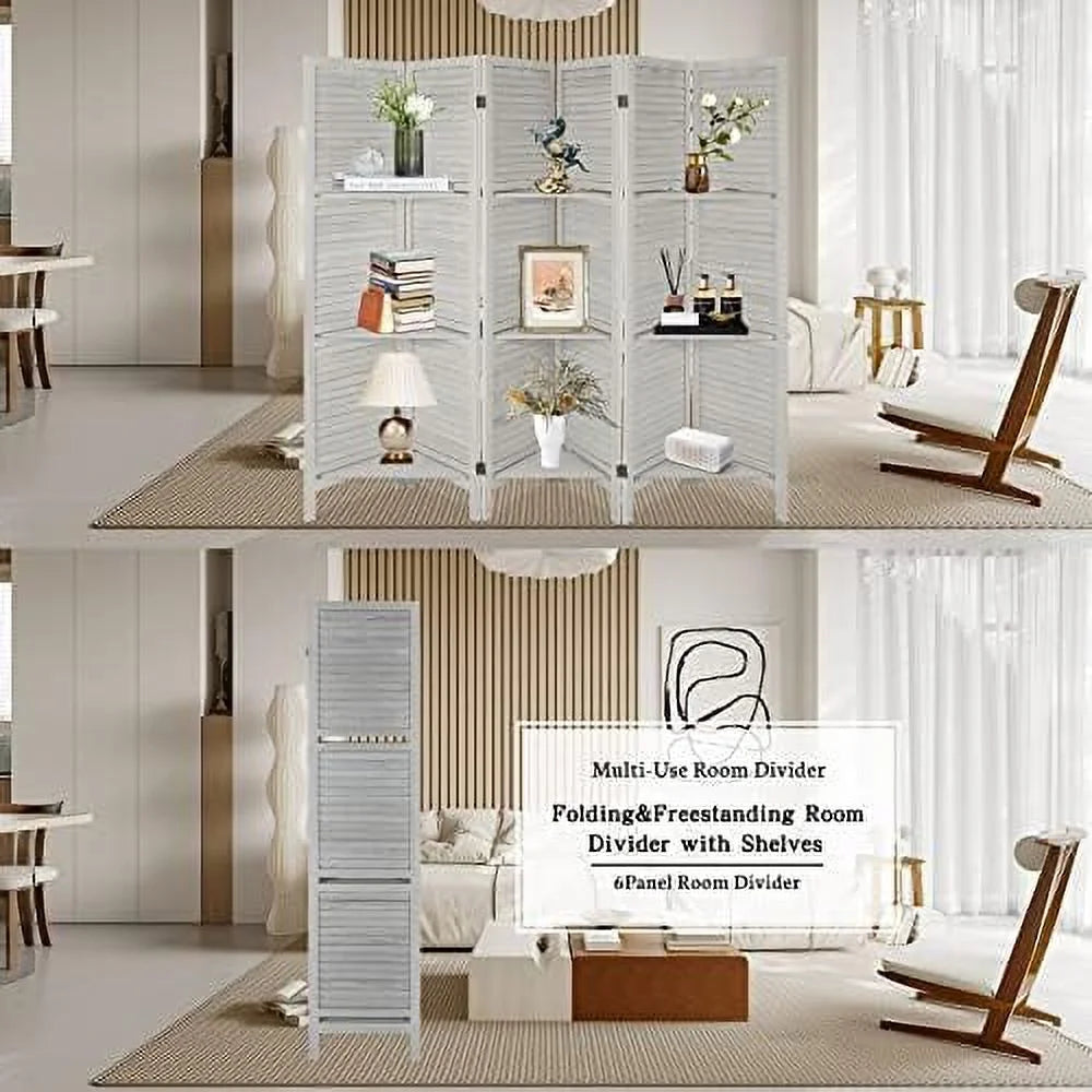 Wood 4 Panel Room Divider with Shelves Z9616