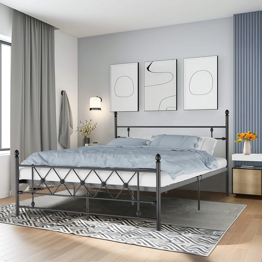 Queen Size Black Metal Platform Bed Frame with Headboard E91529