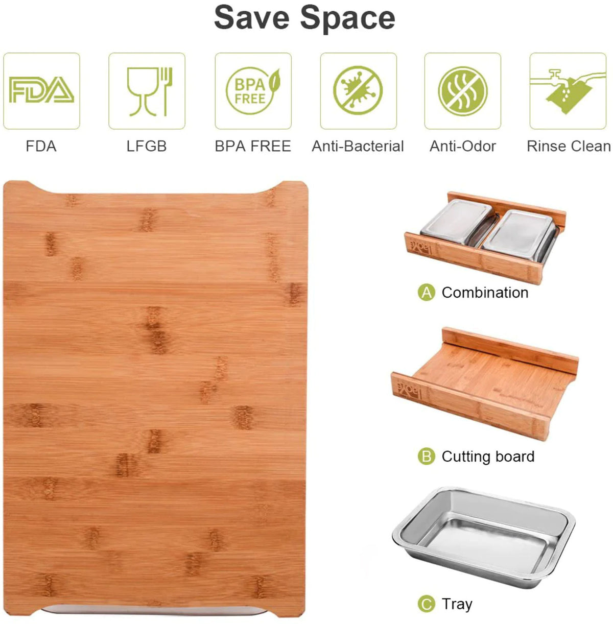 Bamboo Cutting Board with 2 Stainless Steel Trays V142