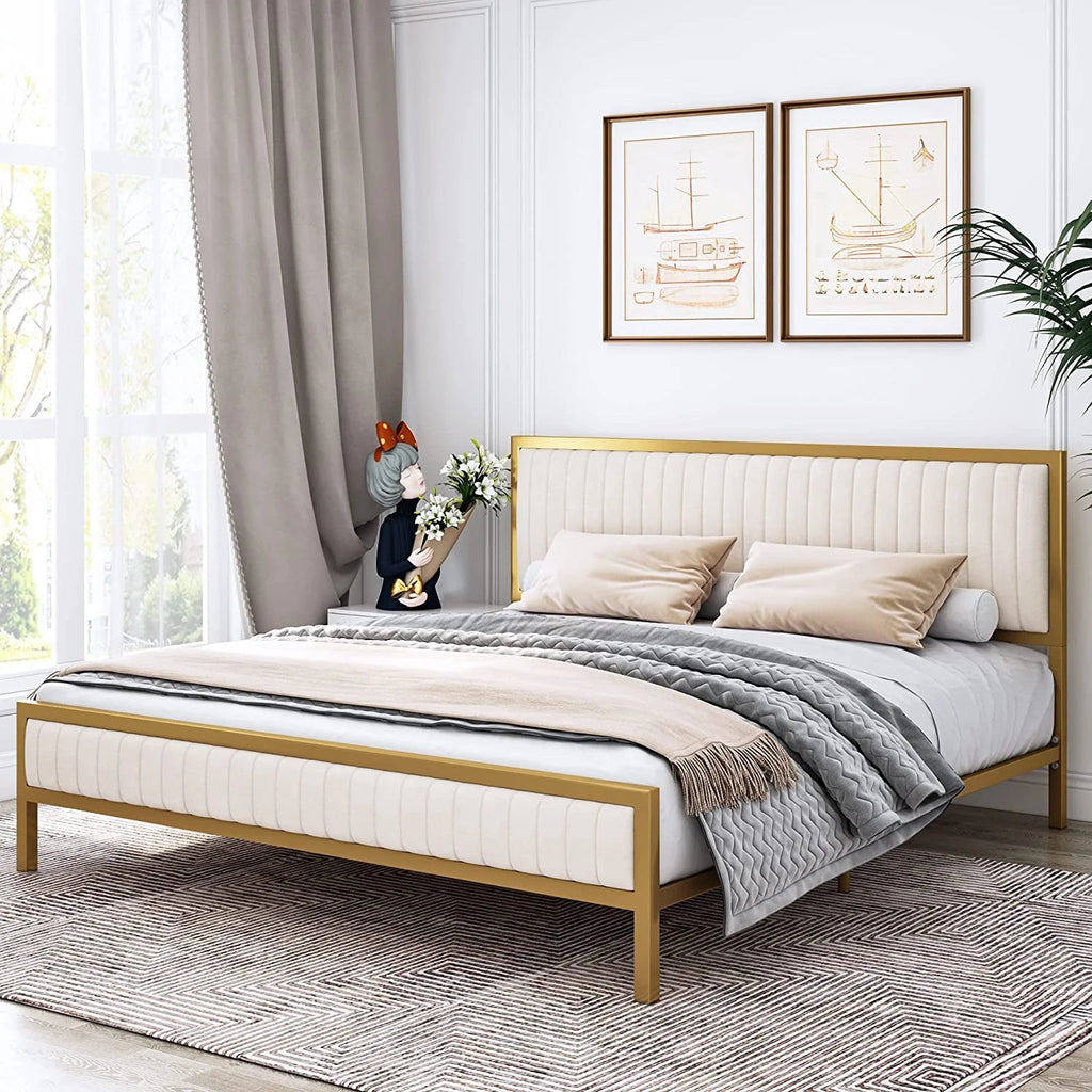 Full Size Metal Bed Frame with Velvet Tufted Headboard W723