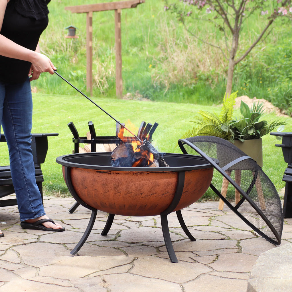 Copper Raised Outdoor Fire Pit Bowl with Spark Screen - 32" Z12179