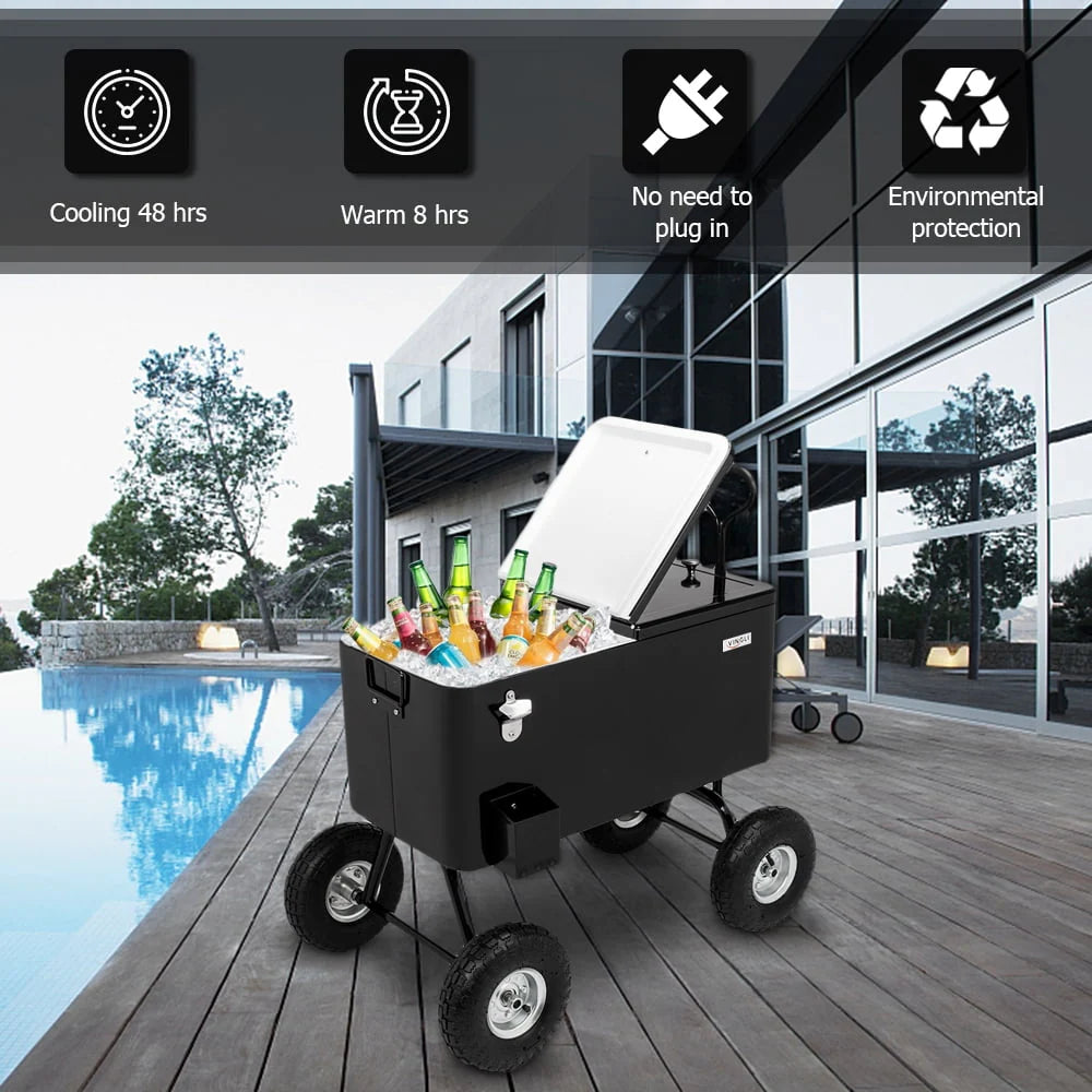 80 Quart Rolling Cooler Ice Chest with Long Handle and 10 Wheels Y688